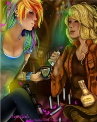 Size: 782x980 | Tagged: safe, artist:rayna-crazy, applejack, rainbow dash, human, g4, alcohol, drink, duo, fanfic, humanized