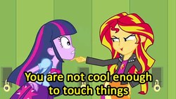 Size: 910x512 | Tagged: safe, sunset shimmer, twilight sparkle, equestria girls, g4, duwang, image macro, jojo's bizarre adventure, subtitles