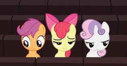 Size: 637x334 | Tagged: safe, screencap, apple bloom, scootaloo, sweetie belle, earth pony, pegasus, pony, unicorn, g4, one bad apple, bedroom eyes, cutie mark crusaders, female, inverted mouth, out of context