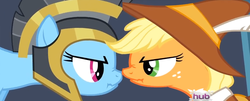 Size: 1178x476 | Tagged: safe, applejack, commander hurricane, rainbow dash, smart cookie, earth pony, pegasus, pony, g4, hearth's warming eve (episode), hub logo, scrunchy face