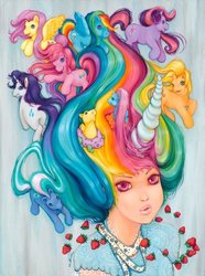 Size: 410x550 | Tagged: safe, artist:camilladerrico, applejack, fluttershy, pinkie pie, rainbow dash, rarity, twilight sparkle, human, sea pony, g1, g4, food, mane six, micro, my little pony project, painting, strawberry, surreal, traditional art