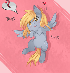 Size: 1265x1331 | Tagged: safe, artist:tomat-in-cup, derpy hooves, pegasus, pony, g4, :p, bellyrubs, cute, female, heart, mare, on back, question mark, solo, tongue out