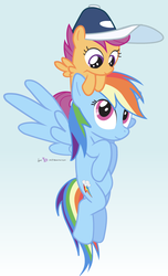 Size: 600x990 | Tagged: safe, artist:dm29, rainbow dash, scootaloo, g4, baseball cap, duo, hat, ponies riding ponies, riding, scootahat, scootaloo riding rainbow dash, scootalove