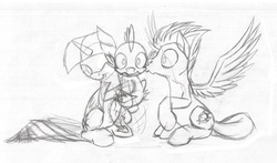 Size: 1080x635 | Tagged: safe, artist:mysticalpha, flash sentry, spike, twilight sparkle, alicorn, pony, g4, cheek kiss, female, grayscale, joke, kissing, mare, monochrome, twilight sparkle (alicorn)