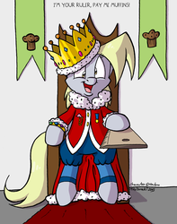 Size: 789x1000 | Tagged: safe, artist:tobibrocki, derpy hooves, pegasus, pony, g4, clothes, crown, female, mare, solo, throne