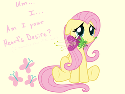 Size: 1024x768 | Tagged: safe, artist:tidalmewmew, fluttershy, g4, bronybait, cute, female, floppy ears, flower, flower in mouth, heart's desire, mouth hold, shyabetes, solo