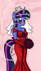 Size: 844x1464 | Tagged: safe, artist:newyorkx3, twilight sparkle, anthro, g4, blushing, breasts, bride, cleavage, clothes, dress, female, flower, gown, implied flashlight, implied shipping, implied straight, solo, traditional art, twilight sparkle (alicorn), wedding dress