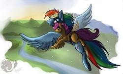 Size: 1280x768 | Tagged: safe, artist:casynuf, rainbow dash, scootaloo, g4, belt, carrying, flying, riding, scenery, scootaloo riding rainbow dash, scootalove, sky