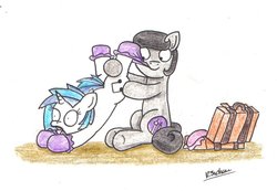Size: 1024x709 | Tagged: safe, artist:bobthedalek, dj pon-3, vinyl scratch, oc, oc:mixed melody, oc:octavia's mother, earth pony, pony, unicorn, g4, baby, booties, duo, female, mothers gonna mother, parent, struggling, suitcase, unamused, vinyl scratch is not amused