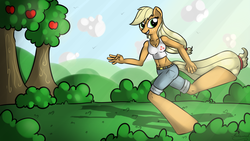 Size: 1920x1080 | Tagged: safe, artist:malamol, applejack, earth pony, anthro, unguligrade anthro, g4, apple, clothes, female, running, solo, tree