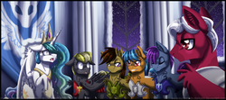 Size: 1600x709 | Tagged: safe, artist:inuhoshi-to-darkpen, princess celestia, oc, oc:bright charger, oc:rightly doo, oc:shadow kicker, oc:steel striker, oc:swift blade, alicorn, pegasus, pony, fanfic:the lunar rebellion, winningverse, g4, fanfic, fanfic art, guard