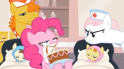 Size: 1109x615 | Tagged: safe, screencap, carrot cake, nurse redheart, pinkie pie, pound cake, pumpkin cake, baby cakes, g4