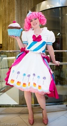 Size: 480x900 | Tagged: safe, artist:rose0fmay, artist:silverpixiefly, pinkie pie, human, g4, clothes, cosplay, cupcake, dignified wear, dragon con, dress, gala dress, irl, irl human, photo, solo