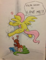 Size: 1024x1349 | Tagged: safe, artist:maikeruto, fluttershy, g4, the best night ever, against wall, animal, cicada block, floppy ears, flutterrage, kabedon, you're going to love me