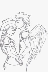 Size: 514x768 | Tagged: safe, artist:midnight-silence, applejack, soarin', human, g4, female, humanized, kissing, male, monochrome, ship:soarinjack, shipping, straight, winged humanization