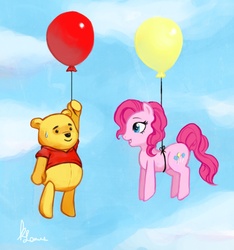 Size: 927x992 | Tagged: safe, artist:katlewis, pinkie pie, bear, earth pony, pony, g4, balloon, crossover, female, flying, male, mare, no more ponies at source, pooh, then watch her balloons lift her up to the sky, winnie the pooh