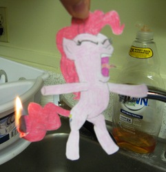 Size: 2105x2185 | Tagged: safe, artist:petite-dreamer, pinkie pie, g4, abuse, burning, fire, irl, on fire, paper child, photo, pinkiebuse, solo