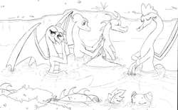 Size: 941x584 | Tagged: safe, artist:queencold, oc, oc only, oc:flare, oc:huddle, oc:ivory, oc:kindle, dragon, bathing, bush, dragoness, lake, monochrome, sketch, water