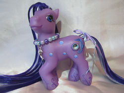 Size: 960x720 | Tagged: safe, artist:starshinescustoms, oc, oc only, oc:seabubble, earth pony, pony, g3, 2013, bow, customized toy, female, impossibly long mane, impossibly long tail, irl, jewelry, long mane, mare, necklace, pearl necklace, photo, solo, tail, tail bow, toy