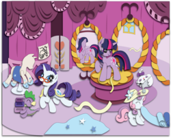 Size: 3062x2464 | Tagged: safe, artist:the-paper-pony, rarity, spike, sweetie belle, twilight sparkle, g4, carousel boutique, shadowbox