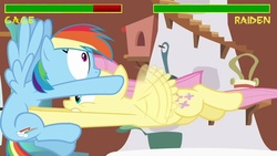 Size: 640x360 | Tagged: safe, edit, edited screencap, screencap, fluttershy, rainbow dash, pegasus, pony, dragon quest, g4, attack, duo, duo female, female, funny, mare, mortal kombat, parody, raiden (mortal kombat), video game