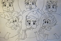 Size: 900x600 | Tagged: safe, artist:rubber-sucker, applejack, fluttershy, pinkie pie, rainbow dash, rarity, twilight sparkle, g4, balloon, hose, inflation, mane six