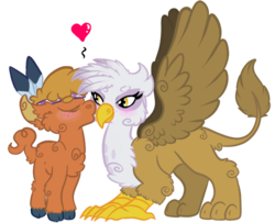 Size: 500x406 | Tagged: safe, artist:codtier, gilda, little strongheart, bison, buffalo, griffon, g4, crack shipping, female, fluffy, gildaheart, heart, interspecies, kissing, lesbian, shipping, simple background, transparent background
