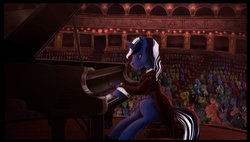 Size: 1187x672 | Tagged: safe, artist:saint-juniper, oc, oc only, oc:key tapper, pony, unicorn, audience, concert, musical instrument, piano, solo, stage