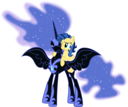 Size: 5730x4820 | Tagged: safe, nightmare moon, oc, oc:milky way, pony, g4, absurd resolution, female, hug, mare, ponies riding ponies, riding