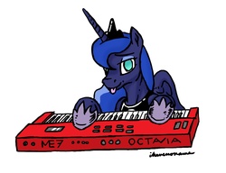 Size: 1237x951 | Tagged: safe, artist:selenophile, princess luna, g4, :p, cute, female, keyboard, leaning, looking at you, musical instrument, silly, smiling, solo, the power, tongue out