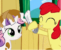Size: 570x472 | Tagged: safe, screencap, apple bloom, sweetie belle, earth pony, pony, unicorn, g4, ponyville confidential, animated, blinking, cropped, duo, female, filly, gif, loop, messy, mud, newspaper, sweetiebuse
