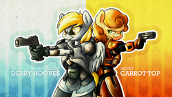 Size: 3840x2160 | Tagged: safe, artist:tenart, carrot top, derpy hooves, golden harvest, anthro, g4, armor, glock, gun, pistol