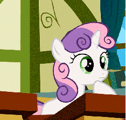Size: 567x544 | Tagged: safe, screencap, sweetie belle, pony, unicorn, g4, ponyville confidential, animated, book, cropped, cute, desk, diasweetes, eyes closed, female, filly, floppy ears, smiling, solo, window