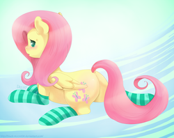 Size: 1024x810 | Tagged: dead source, safe, artist:blacky-moon, fluttershy, g4, butt, clothes, female, plot, socks, solo, striped socks