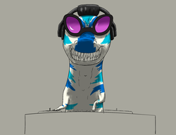 Size: 1950x1500 | Tagged: safe, artist:infernalbeggar, dj pon-3, vinyl scratch, dinosaur, tyrannosaurus rex, g4, ambiguous gender, grin, headphones, sharp teeth, smiling, solo, species swap, sunglasses, turntable, vinylsaurus rex