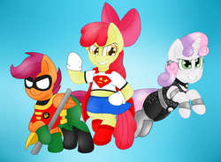 Size: 1700x1250 | Tagged: safe, artist:blackbewhite2k7, apple bloom, scootaloo, sweetie belle, earth pony, pegasus, pony, unicorn, g4, cutie mark crusaders, donna troy, hoof gloves, parody, robin, robinloo, superfilly, supergirl, superhero, wonder girl