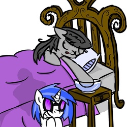 Size: 1280x1280 | Tagged: safe, artist:wuzzlefluff, dj pon-3, octavia melody, vinyl scratch, pony, unicorn, g4, bed, bedwetting, blanket, bowl, female, grin, mare, pillow, pissing, prank, urine, warm water prank, wetting