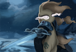 Size: 1221x846 | Tagged: safe, artist:ophdesigner, oc, oc only, oc:safe haven, pony, bipedal, cosplay, frostmourne, glowing eyes, hoof hold, lich king, looking at you, solo, stars, sword, warcraft, world of warcraft