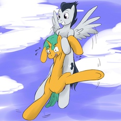 Size: 1280x1280 | Tagged: safe, artist:fuzebox, rumble, snails, g4, carrying, cloud, cloudy, cute, cutie mark, flailing, flying, grin, happy, male, nervous, older, open mouth, shaking, sky, smiling, spread legs, spread wings, teenager, underhoof, wide eyes