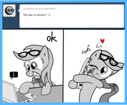 Size: 1775x1470 | Tagged: safe, artist:4-cardinal, oc, oc only, oc:sampler switch, earth pony, pony, ask, clothes, computer, female, glasses, heart, hug, laptop computer, mare, one eye closed, scarf, spanish, tumblr