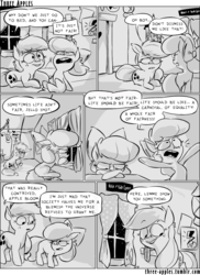 Size: 944x1294 | Tagged: safe, artist:capnpea, apple bloom, applejack, earth pony, pony, comic:three apples, g4, angry, clubhouse, comic, crusaders clubhouse, duo, duo female, female, filly, mare, monochrome, night, prone