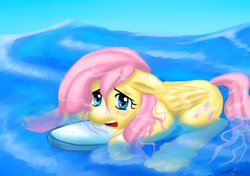 Size: 1700x1200 | Tagged: safe, artist:benjik, fluttershy, g4, female, floppy ears, scared, solo, surfboard, water