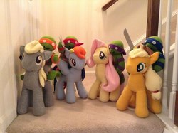 Size: 960x717 | Tagged: safe, artist:myhandmadestuffs, applejack, derpy hooves, fluttershy, rainbow dash, pegasus, pony, g4, crossover, female, irl, mare, photo, plushie, riding, teenage mutant ninja turtles