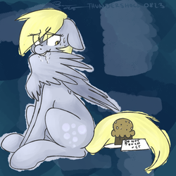 Size: 894x894 | Tagged: safe, artist:thundershock0823, derpy hooves, pegasus, pony, g4, female, floppy ears, mare, muffin, preening, solo, sweat, wing bite