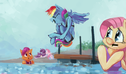 Size: 1280x746 | Tagged: safe, artist:spectralunicorn, fluttershy, pinkie pie, rainbow dash, scootaloo, twilight sparkle, anthro, g4, arm hooves, cannonball, clothes, pier, swimming, swimsuit, twilight sparkle (alicorn), water