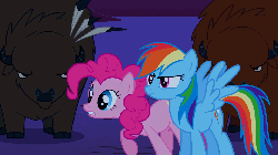 Size: 960x540 | Tagged: safe, screencap, pinkie pie, rainbow dash, bison, buffalo, earth pony, pegasus, pony, g4, over a barrel, animated, crossed arms, female, rainbow dash is not amused, unamused, unnamed buffalo, unnamed character