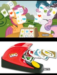 Size: 450x588 | Tagged: safe, edit, edited screencap, screencap, apple bloom, scootaloo, sweetie belle, g4, the show stoppers, card, cutie mark crusaders, mattel, uno, uno attack, uno extreme