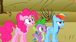 Size: 960x540 | Tagged: safe, edit, edited screencap, screencap, fluttershy, pinkie pie, rainbow dash, spike, dragon, earth pony, pegasus, pony, g4, over a barrel, animated, female, glomp, male, mare, red dot, sniper, tackle