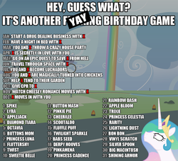 Size: 1100x1000 | Tagged: safe, apple bloom, applejack, babs seed, big macintosh, bon bon, button mash, cheerilee, derpy hooves, diamond tiara, dj pon-3, fluttershy, lightning dust, lyra heartstrings, octavia melody, pinkie pie, princess cadance, princess celestia, princess luna, rainbow dash, rarity, scootaloo, shining armor, silver spoon, spike, sweetie belle, sweetie drops, trixie, twilight sparkle, twist, vinyl scratch, oc, oc:cream heart, oc:fluffle puff, earth pony, pony, g4, birthday game, exploitable meme, male, meme, pinkamena diane pie, stallion