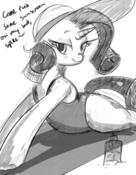 Size: 1260x1620 | Tagged: safe, artist:dovne, rarity, pony, unicorn, g4, clothes, female, hat, implied spike, lidded eyes, mare, monochrome, one-piece swimsuit, sketch, solo, sun hat, swimsuit